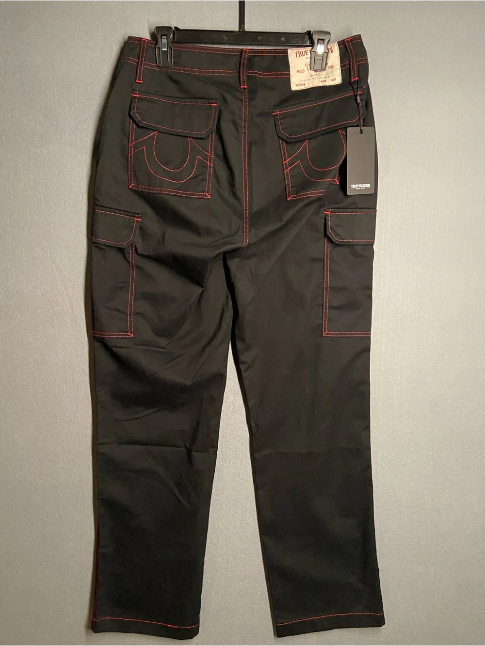True Religion Black Cargo Pants with Red Contrast Stitching